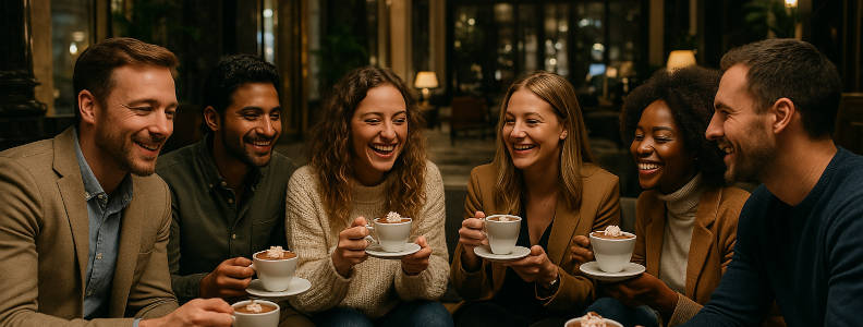 Tomarse un café o un chocolate en el lobby del hotel
