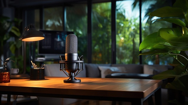 Micrófono en mesa de podcast. Estudio de grabación.
